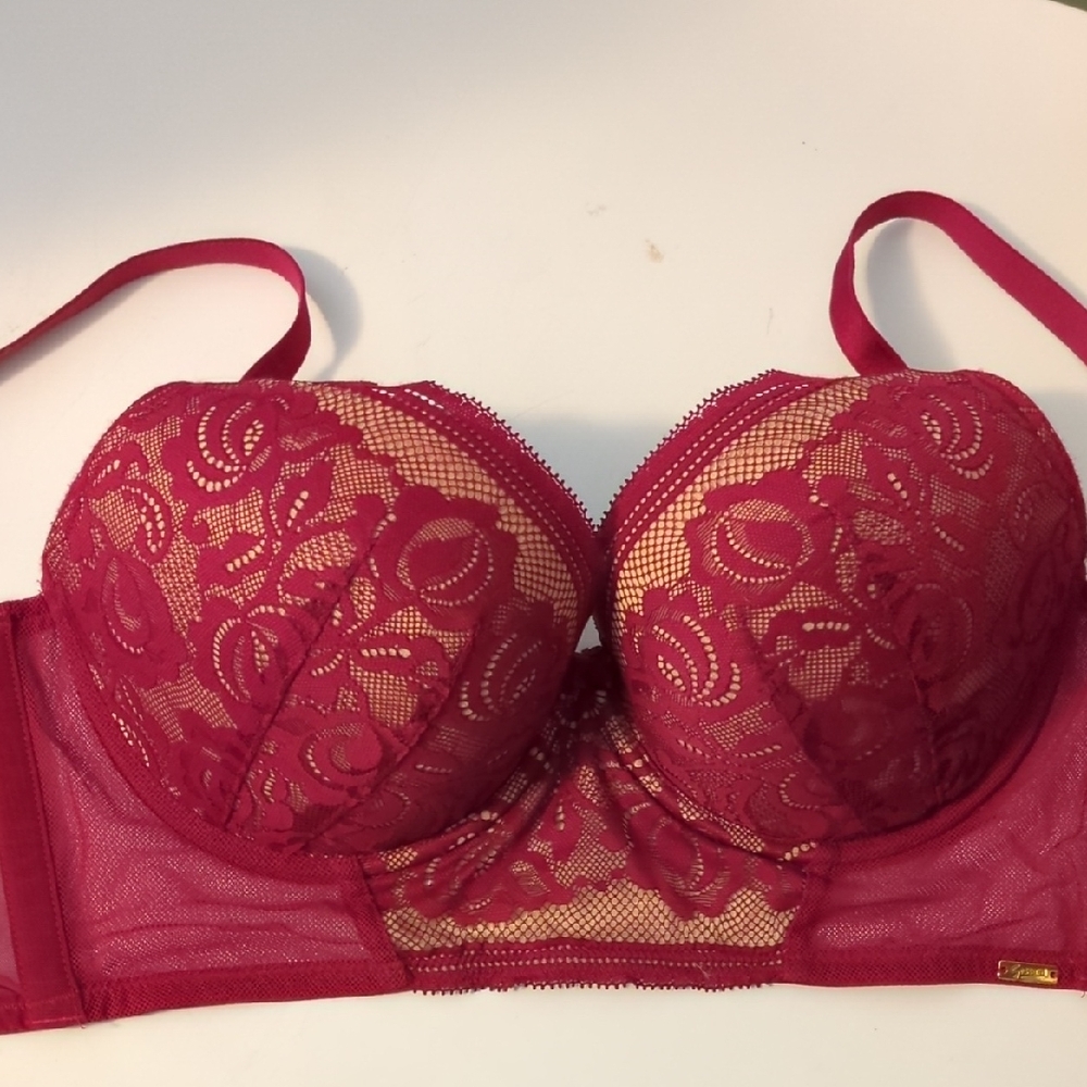 Lace Longline Underwire Bra - Deep Red 32E